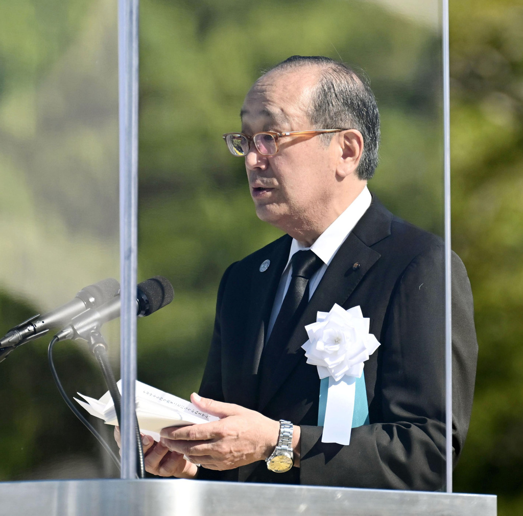 Hiroshima Mayor Kazumi Matsui reads a statement during a ceremony to mark the anniversary of the U.S. atomic bombing at the Hiroshima Peace Memorial Park in Hiroshima, western Japan Thursday, Aug. 6, 2026. (Kyodo News via AP)