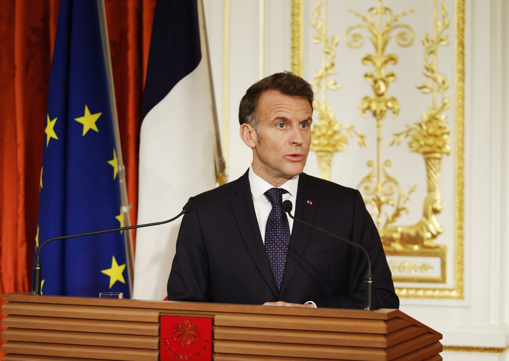 French President Emmanuel Macron speaks during a joint press conference with Japanese Prime Minister Sanae Takaichi at the Akasaka Palace state guest house in Tokyo Wednesday, April 1, 2026. (Franck Robichon/Pool Photo via AP)