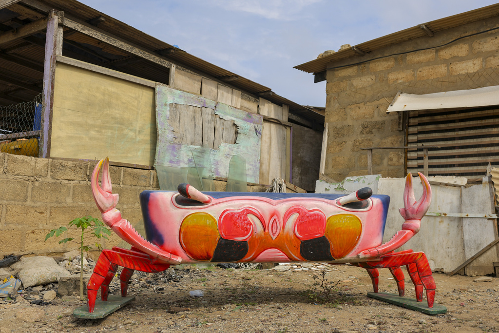 A crab fantasy coffin crafted by Eric Kpakpo Adotey is displayed by his shop in La, Accra, Ghana, Friday, July 25, 2025. (AP Photo/Misper Apawu)