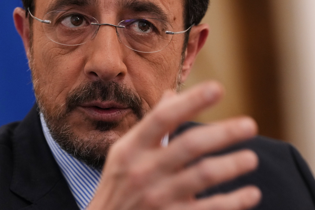 Cypriot President Nikos Christodoulides gestures as he speaks during an Associated Press interview ahead of this week's major EU-Middle East summit, at the presidential palace in the capital Nicosia, Cyprus, Tuesday, April 21, 2026. (AP Photo/Petros Karadjias)