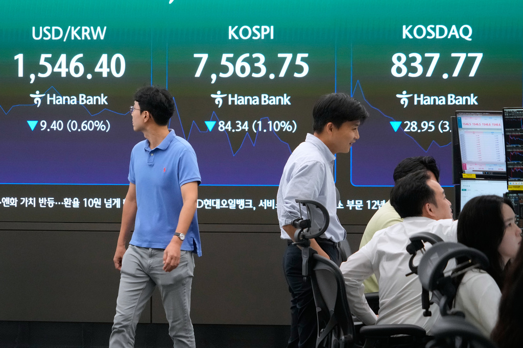 Currency traders work near a screen showing the Korea Composite Stock Price Index (KOSPI) and the foreign exchange rate between U.S. dollar and South Korean won at the foreign exchange dealing room of the Hana Bank headquarters in Seoul, South Korea, Friday, July 3, 2026. (AP Photo/Ahn Young-joon)