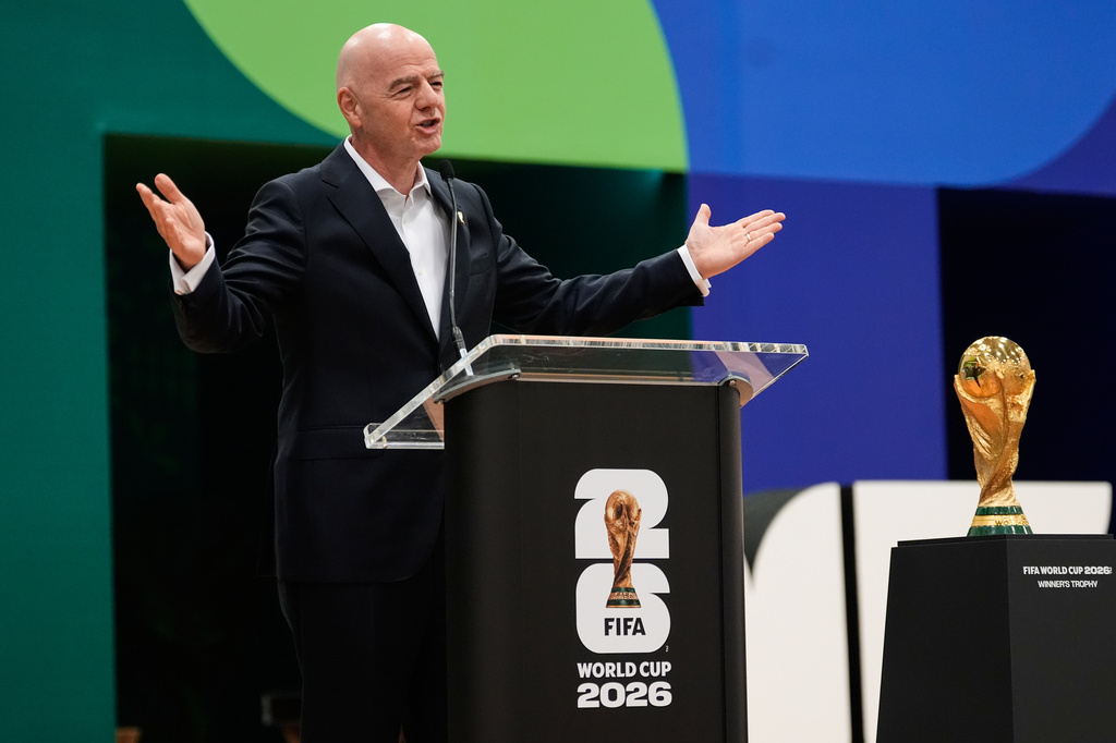 FIFA President Gianni Infantino makes comments during the opening ceremony of the International Broadcast Center Monday, June 1, 2026, in Dallas. (AP Photo/Tony Gutierrez)