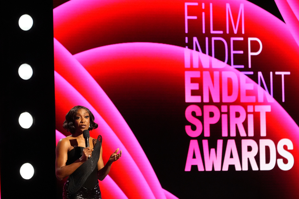 Host Ego Nwodim speaks during the Film Independent Spirit Awards on Sunday, Feb. 15, 2026, at the Hollywood Palladium in Los Angeles. (AP Photo/Chris Pizzello)
