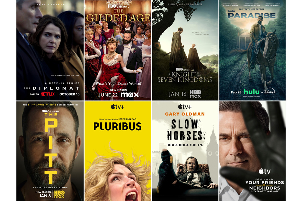 This combination of images show Emmy nominees for best drama series, top row from left, "The Diplomat," "The Gilded Age," "A Knight of the Seven Kingdoms," "Paradise," bottom row from left, "The Pitt," Pluribus," "Slow Horses," and "Your Friends & Neighbors." (Netflix/HBO Max/HBO Max/Hulu/HBO Max/Apple TV+/Apple TV+/Apple TV+ via AP)