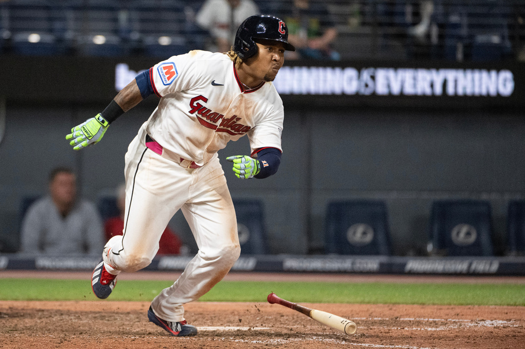 Cleveland Guardians' Jose Ramirez runs out a ground out against the Minnesota Twins during the eighth inning of a baseball game, Wednesday, July 22, 2026, in Cleveland. (AP Photo/Phil Long)