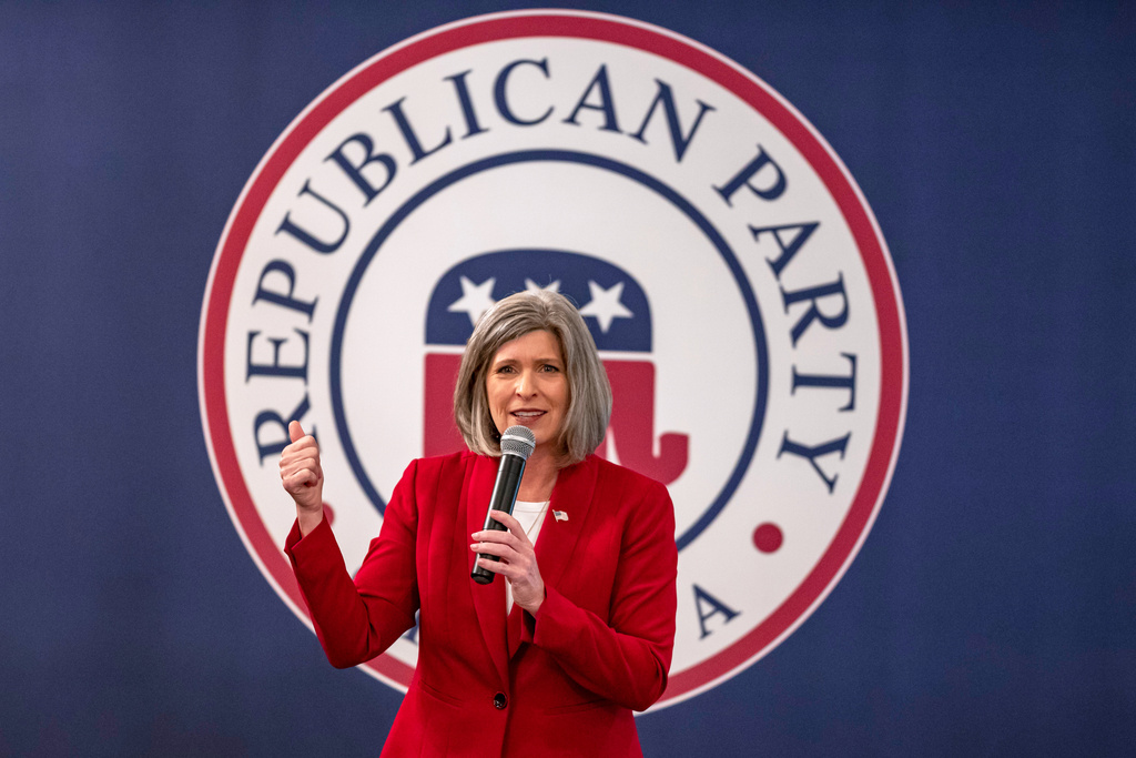 FILE - Sen. Joni Ernst, R-Iowa, speaks during an Iowa GOP event at the Cedar Rapids Country Club in Cedar Rapids, Iowa, Aug. 6, 2024. (Nick Rohlman/The Gazette via AP, File)