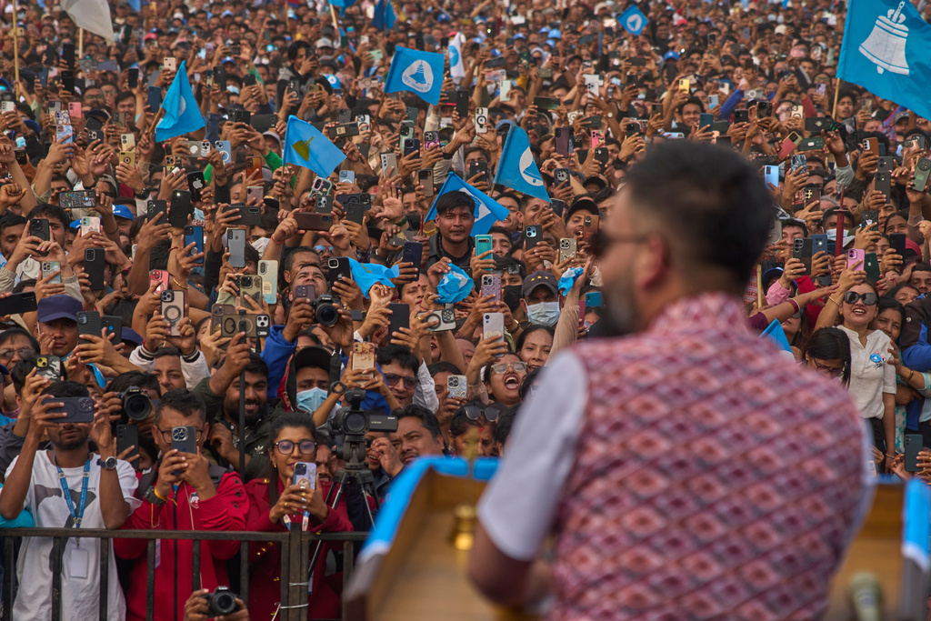 Rapper-turned-politician Balendra Shah, Prime ministerial candidate of the Rastriya Swatantra Party addresses his supporters during an election campaign rally in Chitwan, about 112 miles (180 kilometers) west of Kathmandu, Nepal, Friday, Feb. 27, 2026. (AP Photo/Niranjan Shrestha)