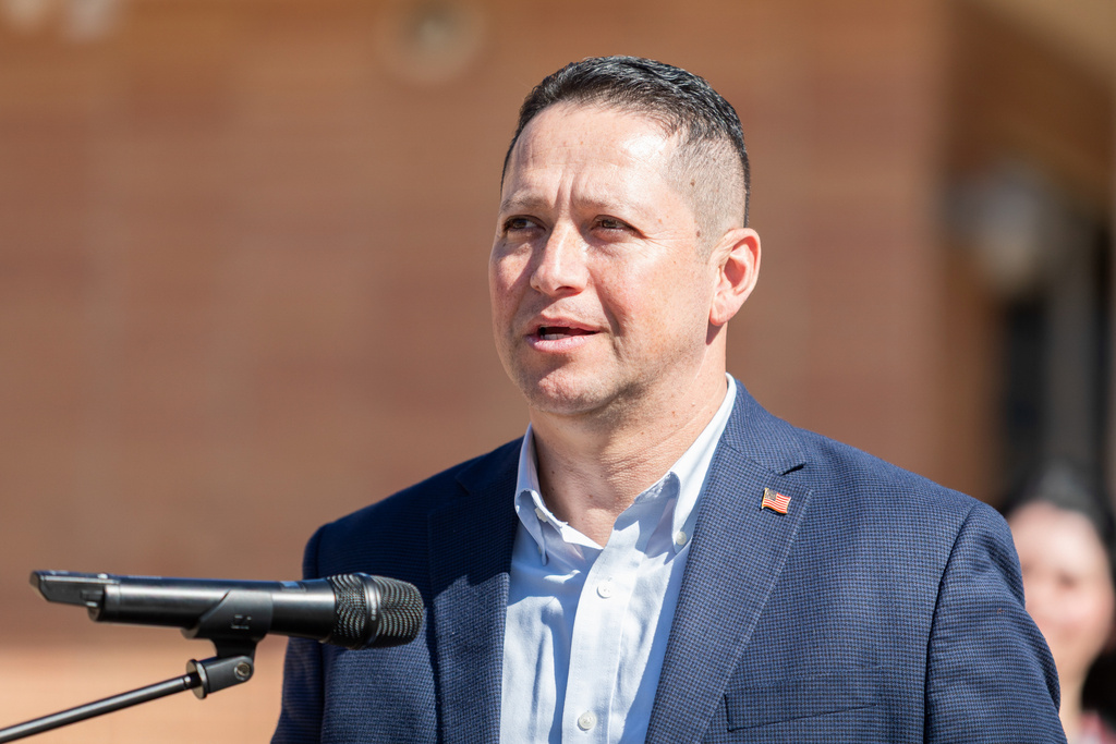 Rep. Tony Gonzales, R-Texas, speaks during a news conference about school safety enhancements at North East Independent School District in front of the new Wilshire Safety Training Center Friday, Feb. 6, 2026. (Blaine Young/The San Antonio Express-News via AP)