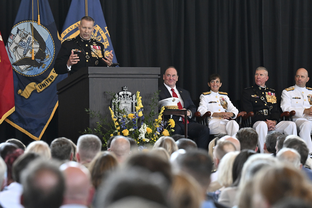 New Superintendent Lt. General Michael J. Borgschulte, U.S. Marine Corps gives remarks during a Change of Command Ceremony for outgoing Superintendent Vice Admiral Yvette M. Davids, U.S. Navy, in Annapolis, Md., Friday, Aug. 15, 2025. (Paul W. Gillespie/Capital Gazette via AP)