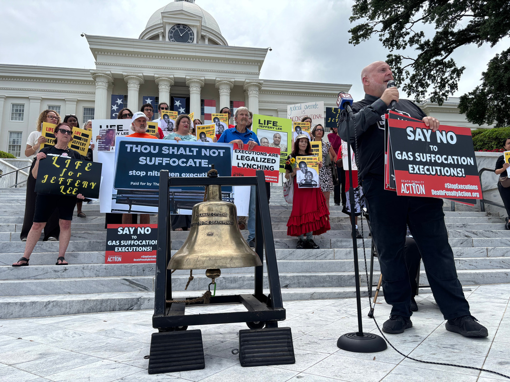 Abraham Bonowitz, of the group Death Penalty Action, leads a demonstration outside the Capitol in Montgomery, Ala., on Monday, June 8, 2026, to oppose an upcoming execution in Alabama. (AP Photo/Kim Chandler)