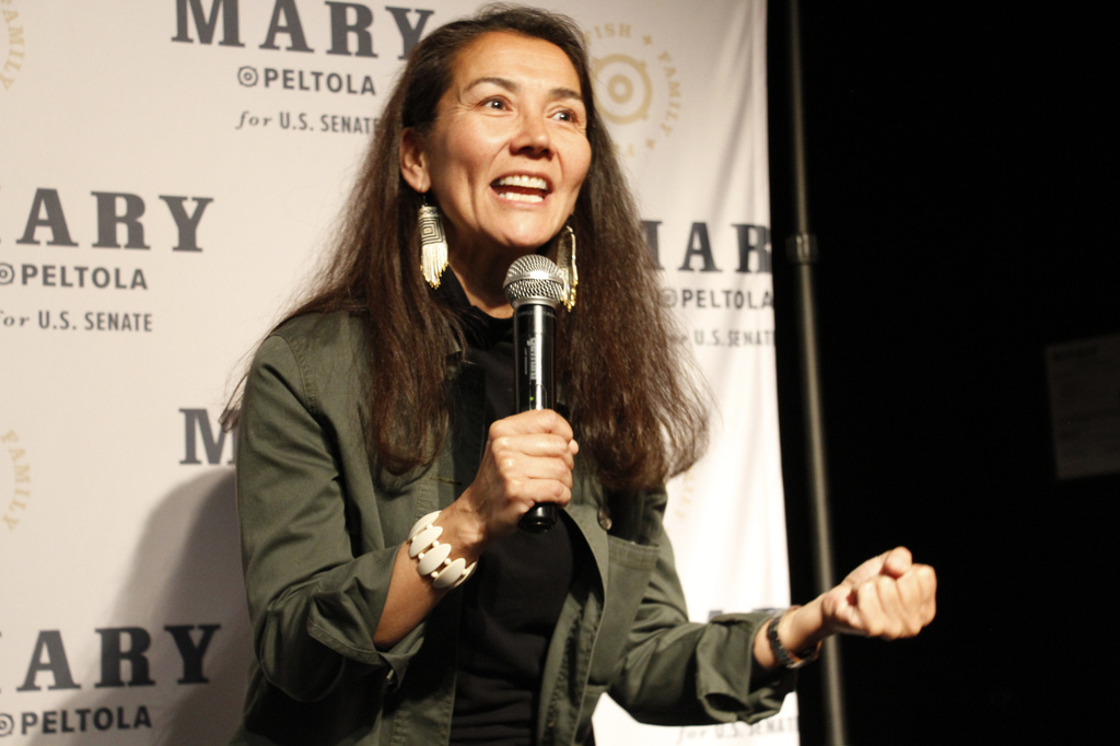 Mary Peltola, a Democrat running for the U.S. Senate seat in Alaska, addresses supporters at an election watch party Tuesday, Aug. 18, 2026, in Anchorage, Alaska. (AP Photo/Mark Thiessen)