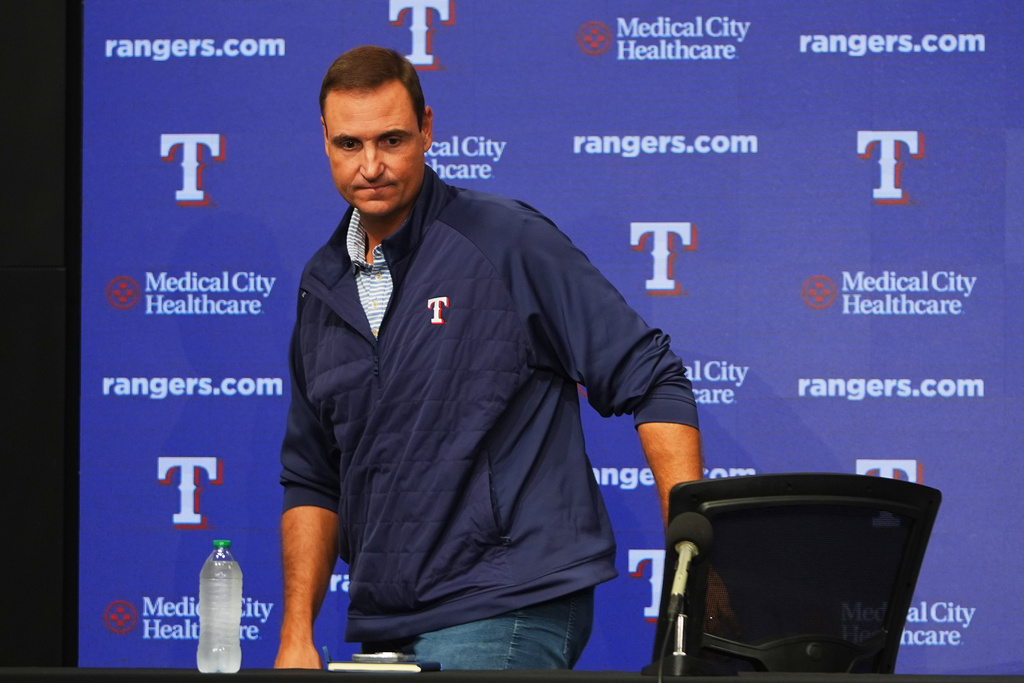 Texas Rangers president of baseball operations Chris Young concludes an end of regular baseball season news conference, Friday, Oct. 3, 2025, in Arlington, Texas. (AP Photo/LM Otero)