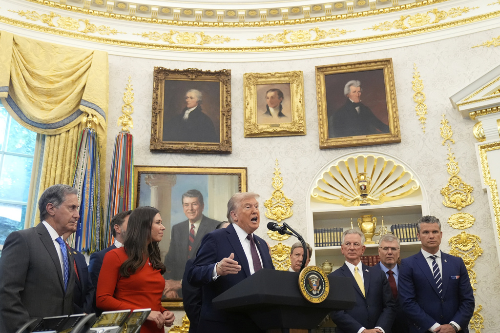 President Donald Trump speaks during an event about the relocation of U.S. Space Command headquarters from Colorado to Alabama in the Oval Office of the White House, Tuesday, Sept. 2, 2025, in Washington. (AP Photo/Mark Schiefelbein)