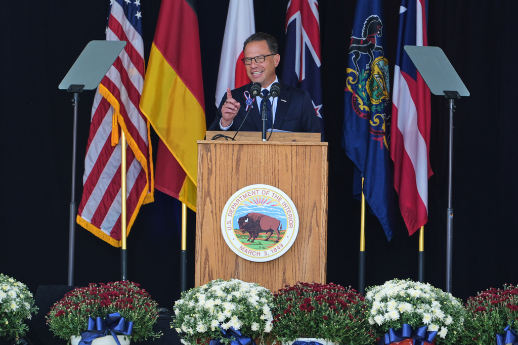 Pennsylvania Gov. Josh Shapiro speaks during a remembrance ceremony at the Flight 93 National Memorial Visitor Center, Friday, Sept 11, 2026, as the nation marks the 25th anniversary of the Sept. 11, 2001 attacks. (AP Photo/Gene J. Puskar)