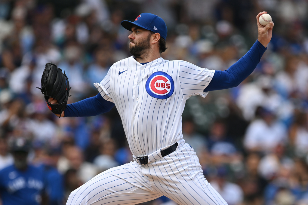 Chicago Cubs starter David Peterson delivers a pitch during the first inning of a baseball game against the Toronto Blue Jays in Chicago, Thursday, Aug. 6, 2026. (AP Photo/Paul Beaty)