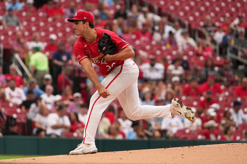 St. Louis Cardinals starting pitcher Michael McGreevy throws during the first inning of a baseball game against the Miami Marlins Friday, June 26, 2026, in St. Louis. (AP Photo/Jeff Roberson)