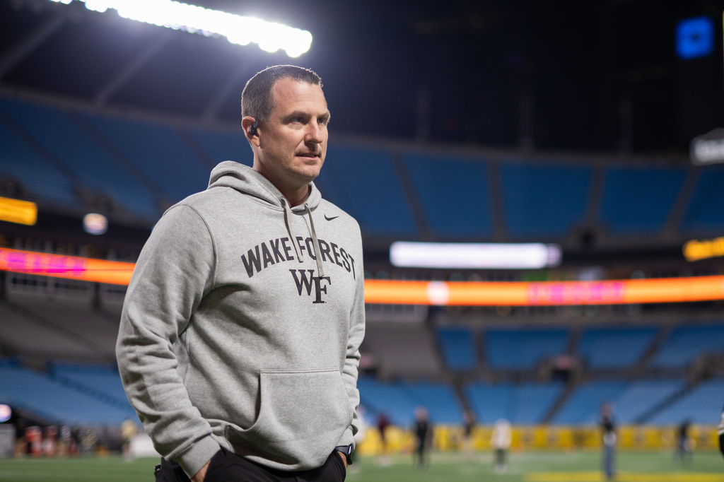FILE - Wake Forest head coach Jake Dickert heads to the locker room before an NCAA college football game against Mississippi State, Jan. 2, 2026, in Charlotte, N.C. (AP Photo/Scott Kinser, File)
