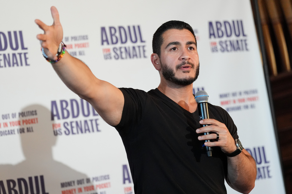 FILE - Abdul El-Sayed, a progressive candidate in the Democratic primary for U.S. Senate in Michigan, speaks during a campaign rally at a coffee shop, Aug. 3, 2026, in Detroit. (AP Photo/Julia Demaree Nikhinson, File)
