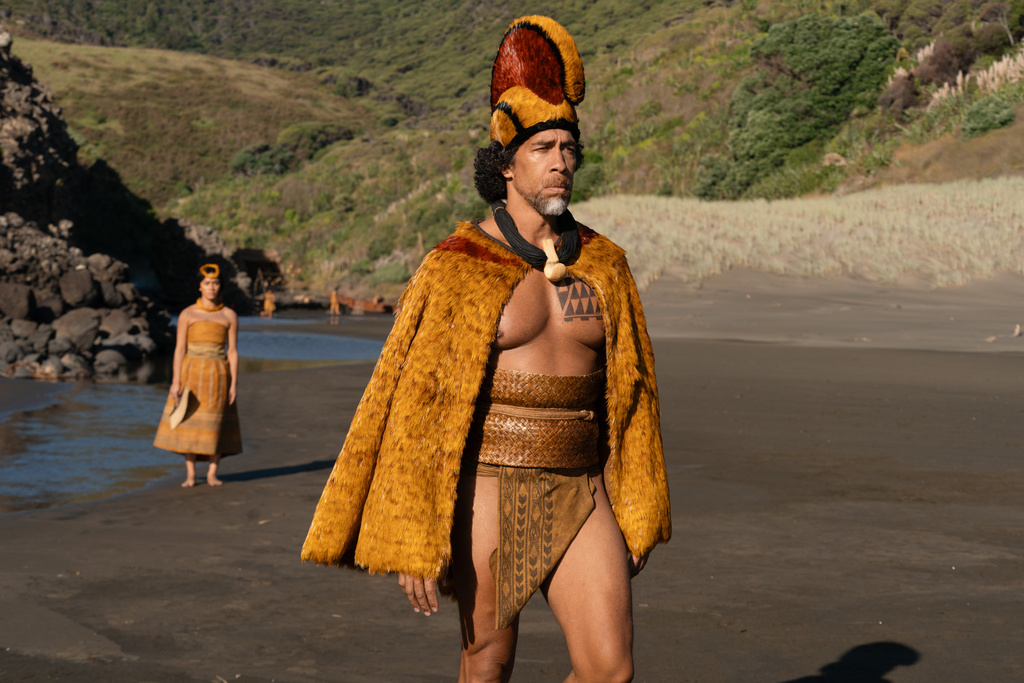 This image released by Apple TV+ shows Moses Goods in a scene from "Chief of War." (Apple TV+ via AP)