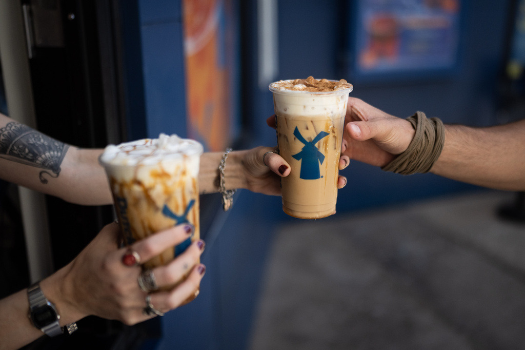 Dutch Bros drinks with Soft Top are displayed at a Dutch Bros Coffee shop in Los Angeles on Thursday, Sept. 3, 2026. (AP Photo/Jae C. Hong)
