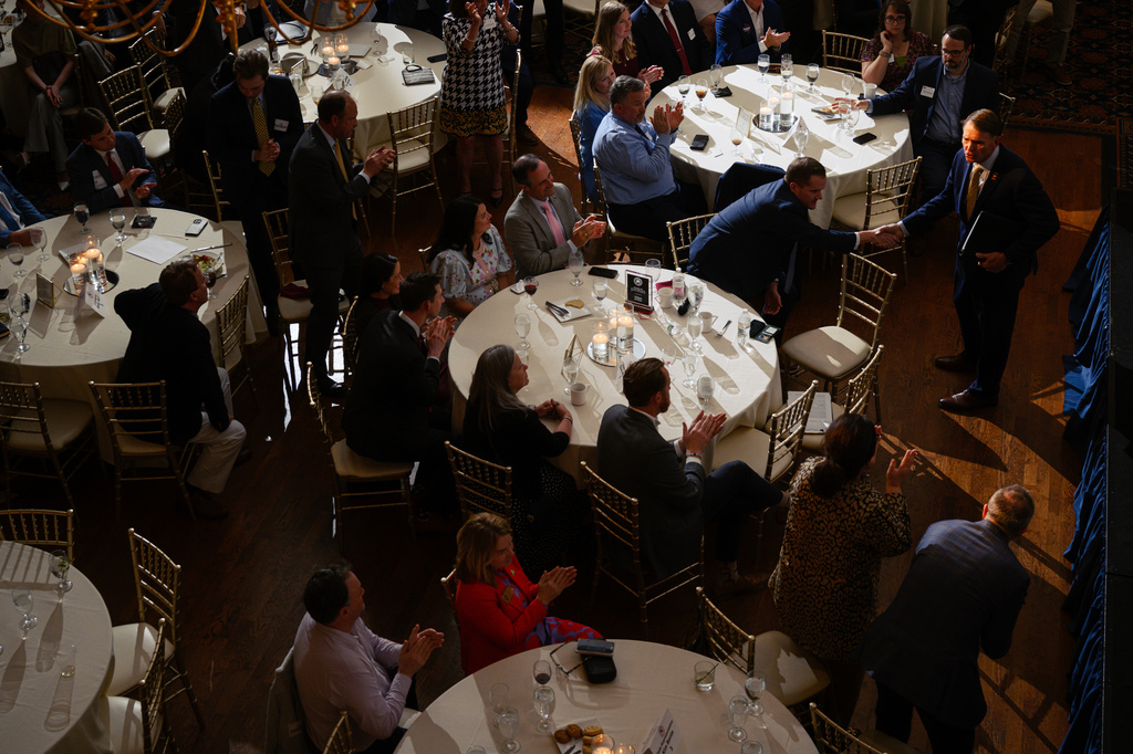 Republican congressional candidate for Kentucky, Ed Gallrein, addresses the audience after giving on stage remarks during the Kenton County Republican Party Lincoln Day Dinner, Thursday, April 30, 2026, in Covington, Ky. (AP Photo/Jon Cherry)