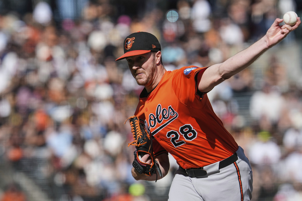 Baltimore Orioles' Trevor Rogers pitches to a San Francisco Giants batter during the first inning of a baseball game Saturday, Aug. 30, 2025, in San Francisco. (AP Photo/Godofredo A. Vásquez)