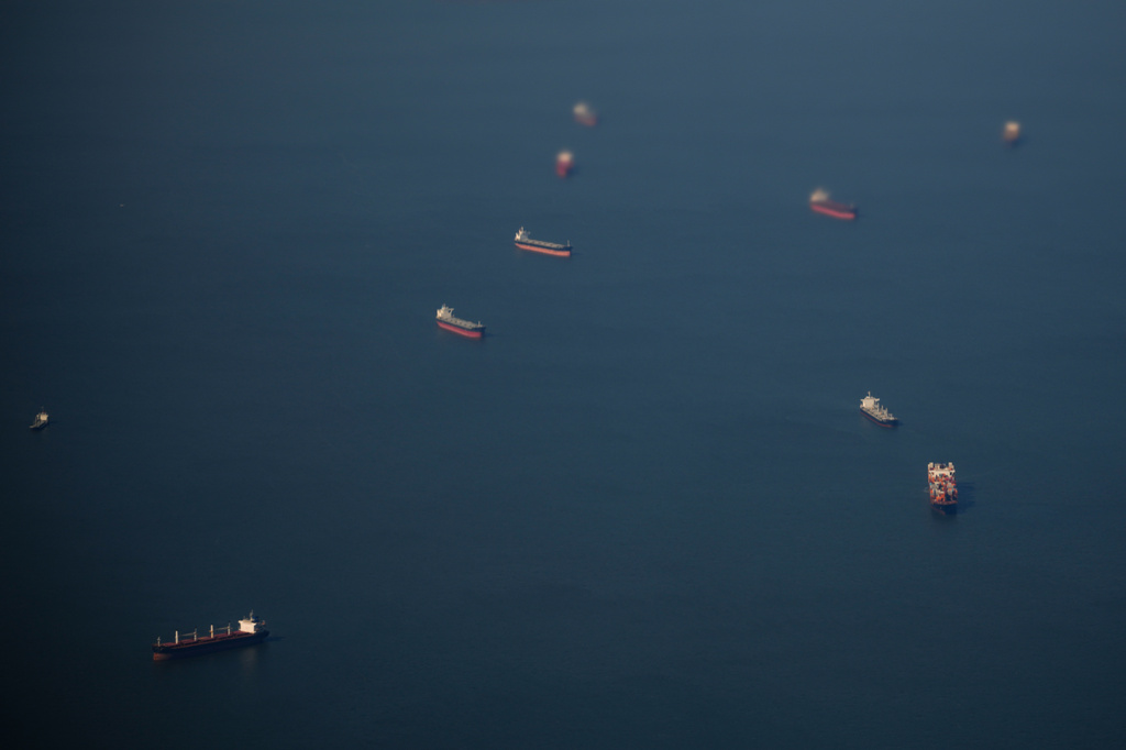 FILE - Ships are anchored near the Chesapeake Bay Bridge, March 18, 2026, in Maryland. (AP Photo/Julia Demaree Nikhinson, File)