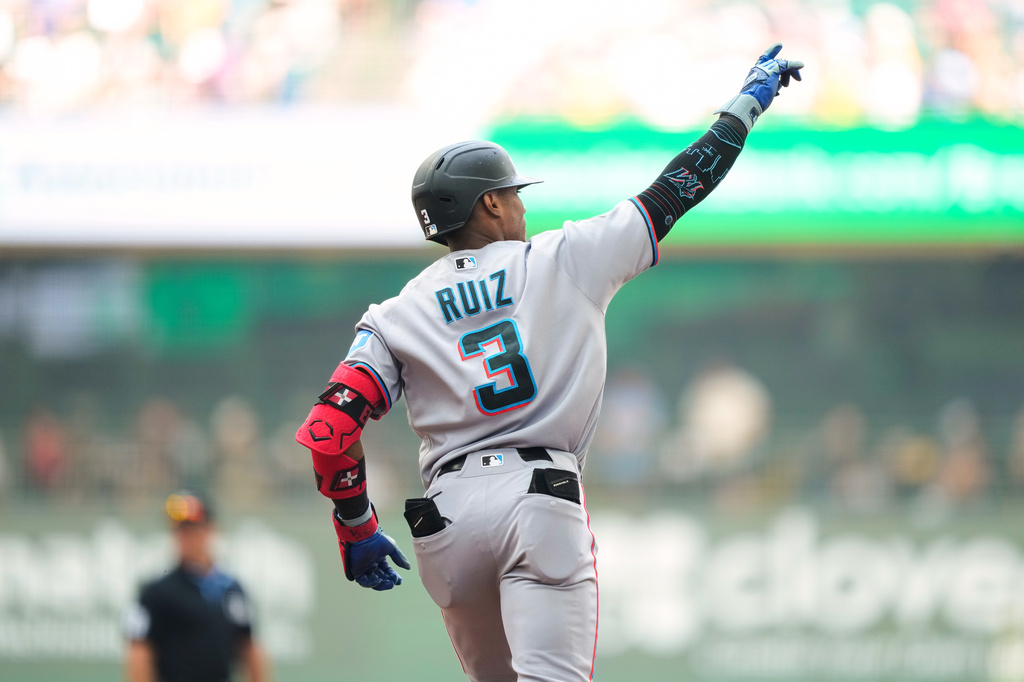 Miami Marlins' Esteury Ruiz reacts after hitting a home run during the third inning of a baseball game against the Milwaukee Brewers Sunday, July 19, 2026, in Milwaukee. (AP Photo/Kayla Wolf)