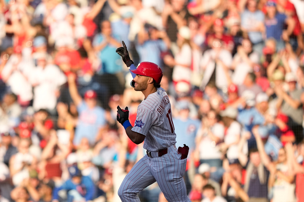 Philadelphia Phillies' Gabriel Rincones Jr. reacts after hitting a home run against Miami Marlins pitcher Ryan Gusto during the second inning of a baseball game Monday, June 15, 2026, in Philadelphia. (AP Photo/Matt Slocum)