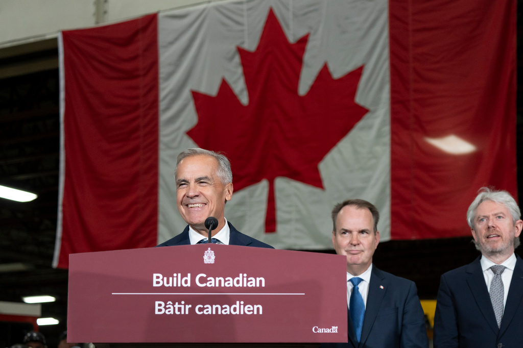 Prime Minister Mark Carney speaks at the Alstom Plant in Thunder Bay, Ontario, Canada, on Thursday, Sept. 3, 2026. (David Jackson/The Canadian Press via AP)
