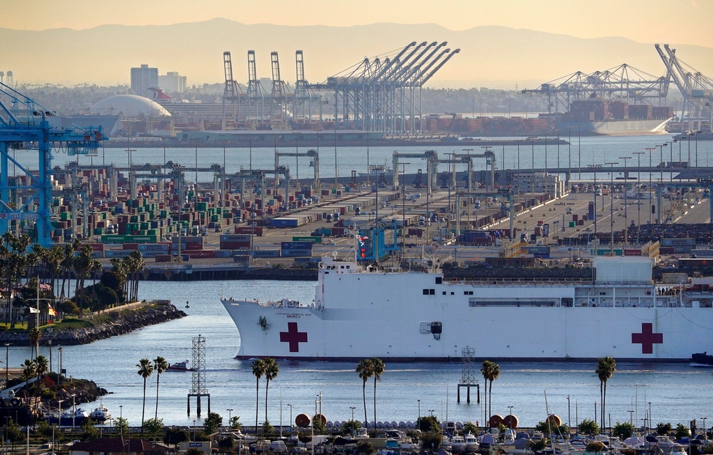FILE - The USNS Mercy enters the Port of Los Angeles, March 27, 2020, in Los Angeles. (AP Photo/Mark J. Terrill, File)