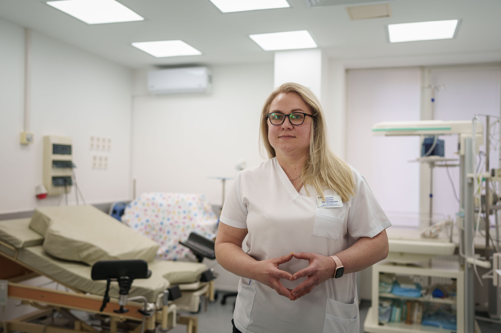 Dr. Nataliia Bohuslavska, head of the neonatal unit, poses for a photo at the regional perinatal center of Zaporizhzhia, Ukraine, Wednesday, May 6, 2026. (AP Photo/Evgeniy Maloletka)