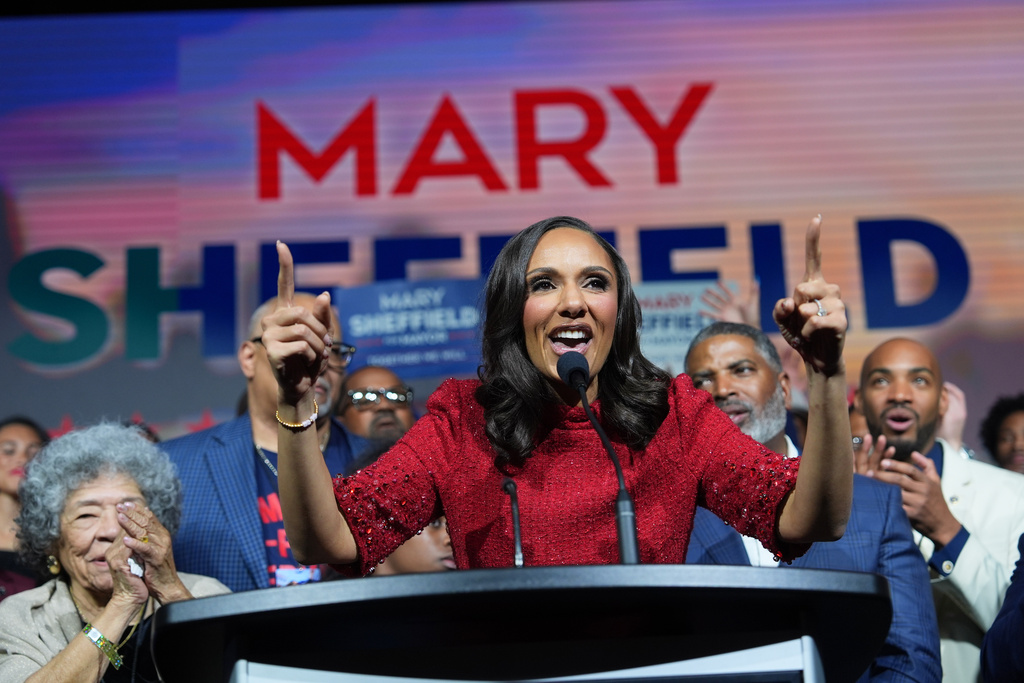 City Council President Mary Sheffield speaks during an election night watch party after winning the mayoral race on Tuesday, Nov. 4, 2025, in Detroit. (AP Photo/Paul Sancya)