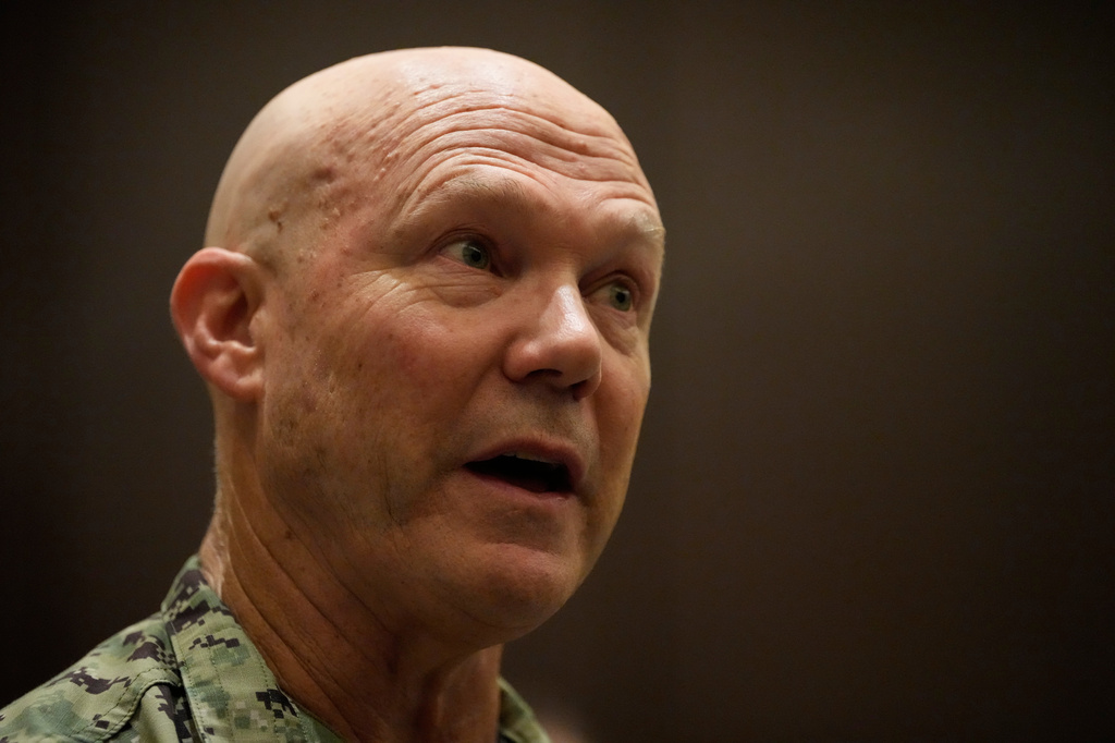 United States Navy Admiral Frank Bradley, commander U.S. Special Operation Command, talks during an interview with the Associated Press Thursday, Aug. 13, 2026, in Makati city Metro Manila, Philippines. (AP Photo/Aaron Favila)