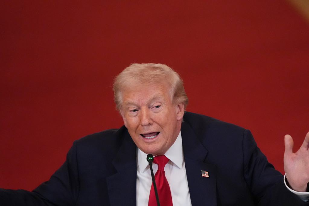President Donald Trump speaks during a roundtable discussion on college sports in the East Room of the White House, Friday, March 6, 2026, in Washington. (AP Photo/Julia Demaree Nikhinson)