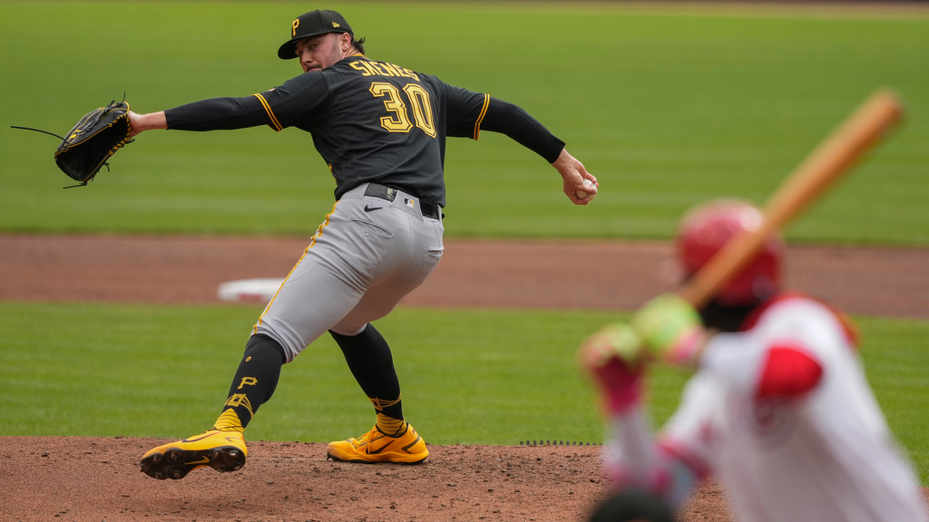 Pittsburgh Pirates pitcher Paul Skenes throws during the first inning of a baseball game against the Cincinnati Reds in Cincinnati, Wednesday, April 1, 2026. (AP Photo/Carolyn Kaster)