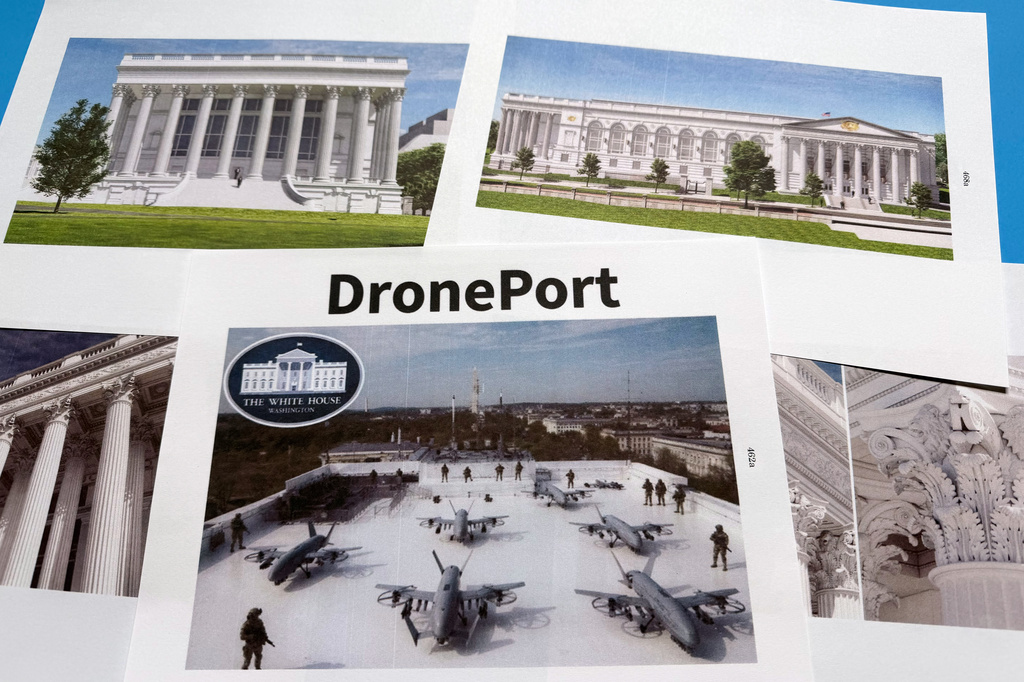 Artist renderings relating to White House Ballroom construction, contained in a filing by the Trump administration to the U.S. Supreme Court, are photographed Friday, Aug. 14, 2026. (AP Photo/Jon Elswick)