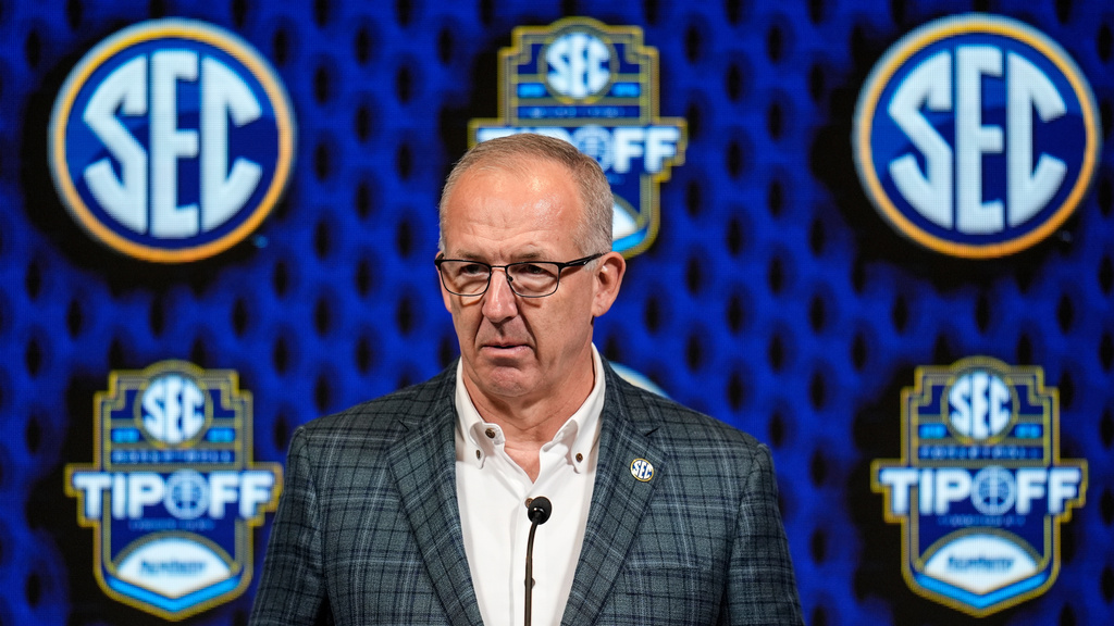 FILE - Greg Sankey, commissioner of the Southeastern Conference, speaks during NCAA college basketball women's SEC Media Day, Wednesday, Oct. 16, 2024, in Birmingham, Ala. (AP Photo/Mike Stewart,File)
