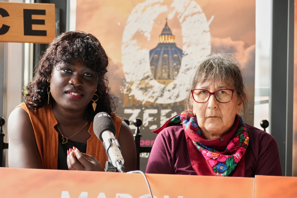 Janet Aguti, left, and Evelyn Korkmaz, from the global organization of abuse victims and activists, Ending Clergy Abuse, join a press conference after a meeting with Pope Leo XIV at the Vatican, in Rome, Monday, Oct. 20, 2025. (AP Photo/Andrew Medichini)