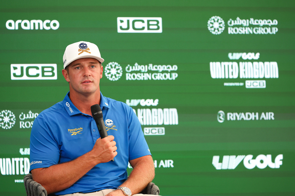 Captain Bryson DeChambeau, of Crushers GC, speaks at a press conference after the the first round of the LIV Golf tournament, Thursday, July 23, 2026 in Rocester, England. (Jon Ferrey/LIV Golf via AP)