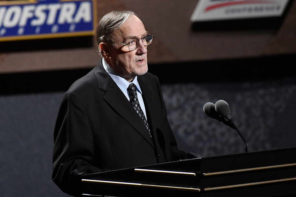 FILE - Inductee Rick Adelman speaks during the 2021 Basketball Hall of Fame Enshrinement ceremony, Sept. 11, 2021, in Springfield, Mass. (AP Photo/Jessica Hill, File)