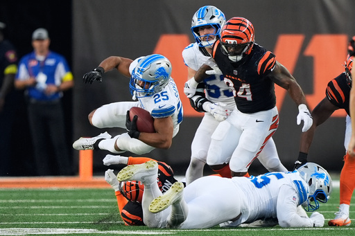 Detroit Lions running back Kye Robichaux (25) is upended returning a kickoff against the Cincinnati Bengals during the second half of an NFL football game Sunday, Oct. 5, 2025, in Cincinnati. (AP Photo/Carolyn Kaster) Detroit Lions running back Kye Robichaux (25) is upended returning a kickoff against the Cincinnati Bengals during the second half of an NFL football game Sunday, Oct. 5, 2025, in Cincinnati. (AP Photo/Carolyn Kaster)