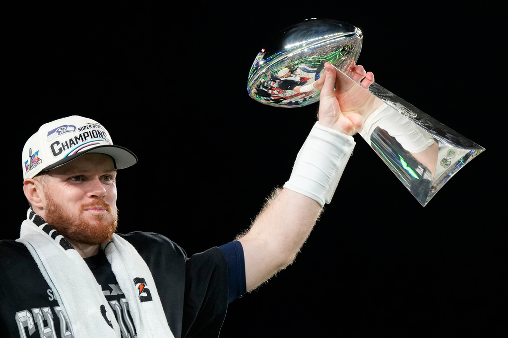 Seattle Seahawks quarterback Sam Darnold celebrates after the NFL Super Bowl 60 football game against the New England Patriots, Sunday, Feb. 8, 2026, in Santa Clara, Calif. (AP Photo/Doug Benc)