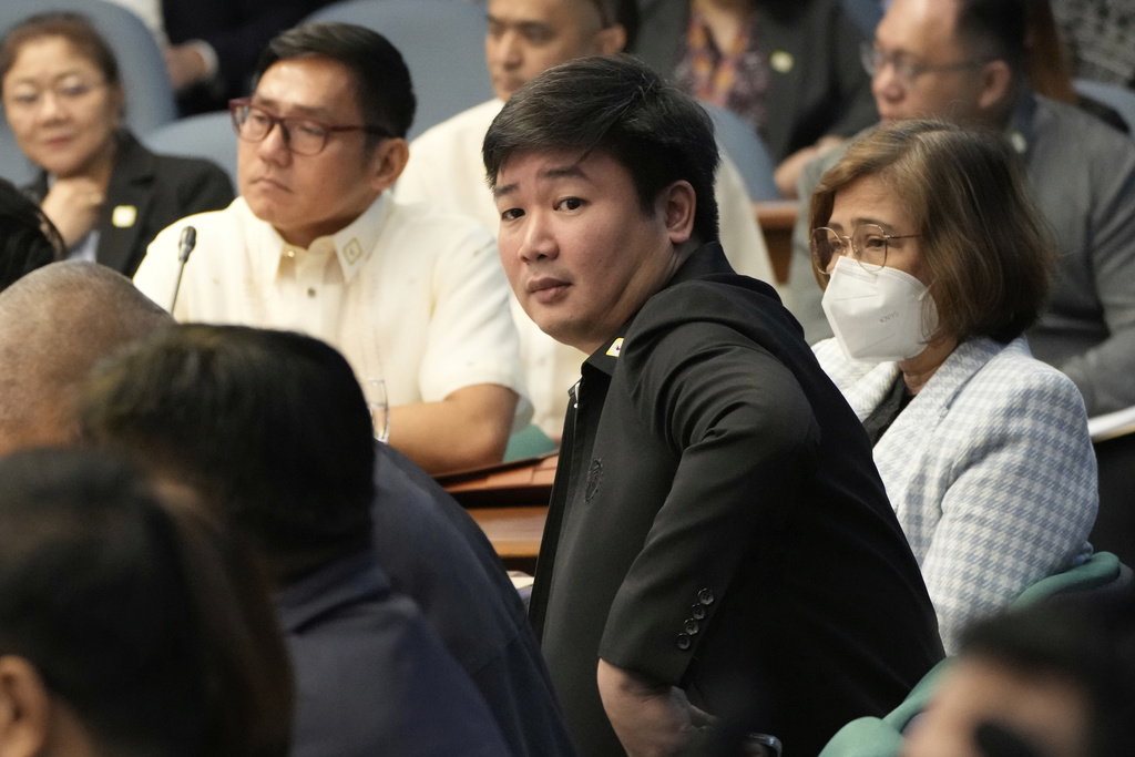 Former Department of Public Works and Highways engineer Brice Ericson Hernandez sits during investigations on flood-control projects at the Senate Blue Ribbon committee in Pasay city, Philippines on Monday, Sept. 8, 2025. (AP Photo/Aaron Favila)
