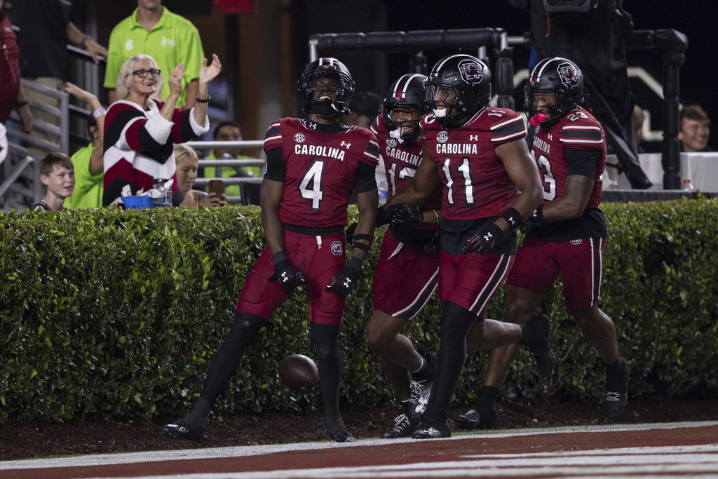 South Carolina defensive back Vicari Swain (4) celebrates a punt return for a touchdown during the first half against the South Carolina State in an NCAA college football match up, Saturday, Sept. 6, 2025, in Columbia, S.C. (AP Photo/Scott Kinser)