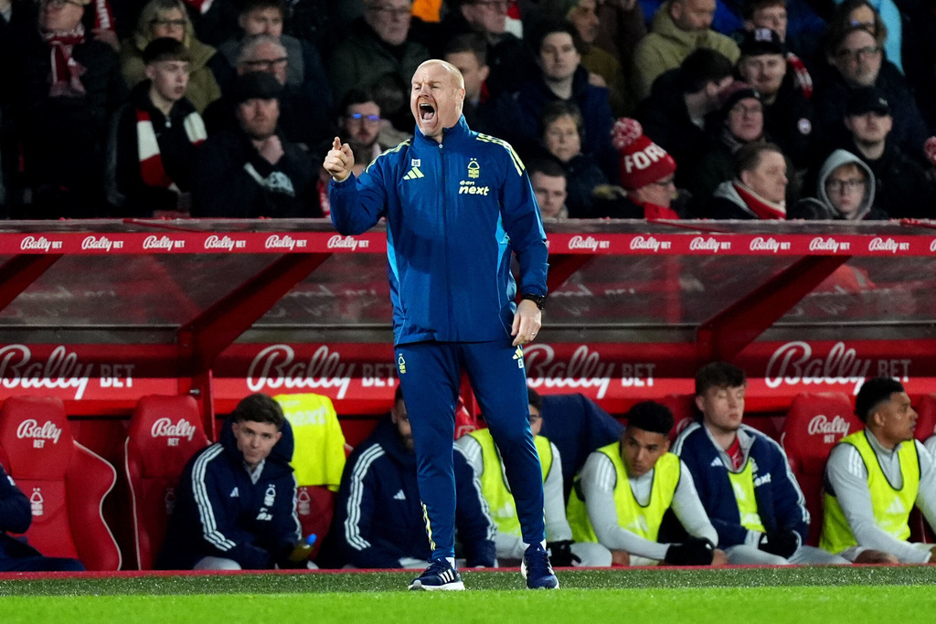 Nottingham Forest manager Sean Dyche signals during the English Premier League soccer match between Nottingham Forest and Wolverhampton Wanderers, in Nottingham, England, Wednesday, Feb. 11, 2026. (Mike Egerton/PA via AP)