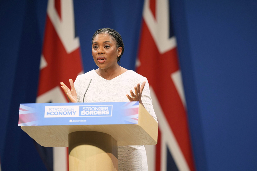 Britain's Conservative Party leader Kemi Badenoch delivers her keynote speech to the Conservative Party Conference at the Manchester Central Convention Complex, in Manchester, England, Wednesday, Oct. 8, 2025. (Danny Lawson/PA via AP)