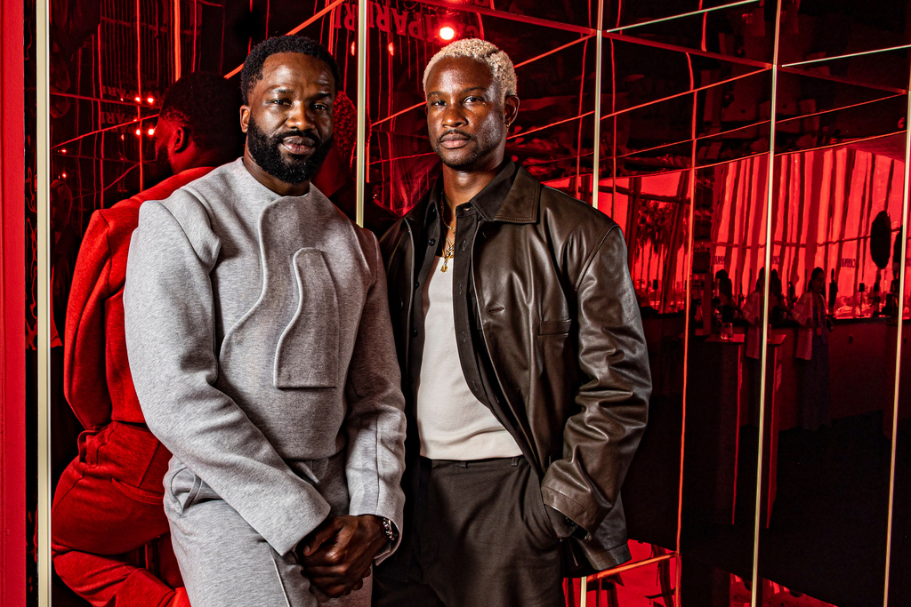 FILE - Sope Dirisu, star of the film "My Father's Shadow" poses with director Akinola Davies Jr. at the 78th international film festival in Cannes, southern France, on May 19, 2025. (Photo by Joel C Ryan/Invision/AP, File)