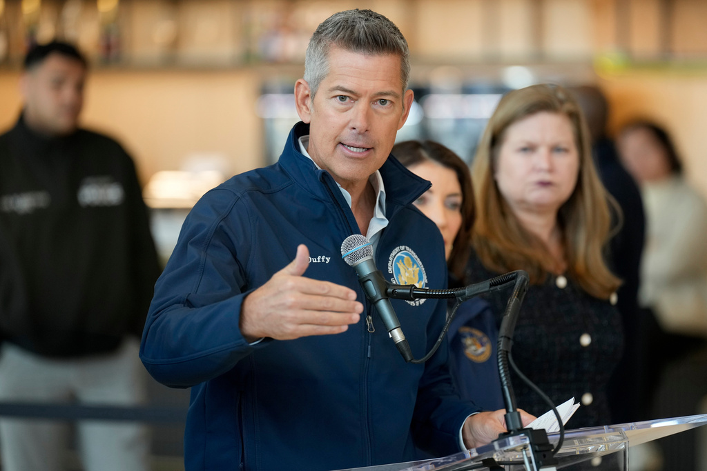 Department of Transportation Secretary Sean Duffy speaks during a news conference at LaGuardia Airport, Monday, March 23, 2026, after an Air Canada jet collided the night before with a Port Authority firetruck shortly after landing in New York. (AP Photo/Seth Wenig)