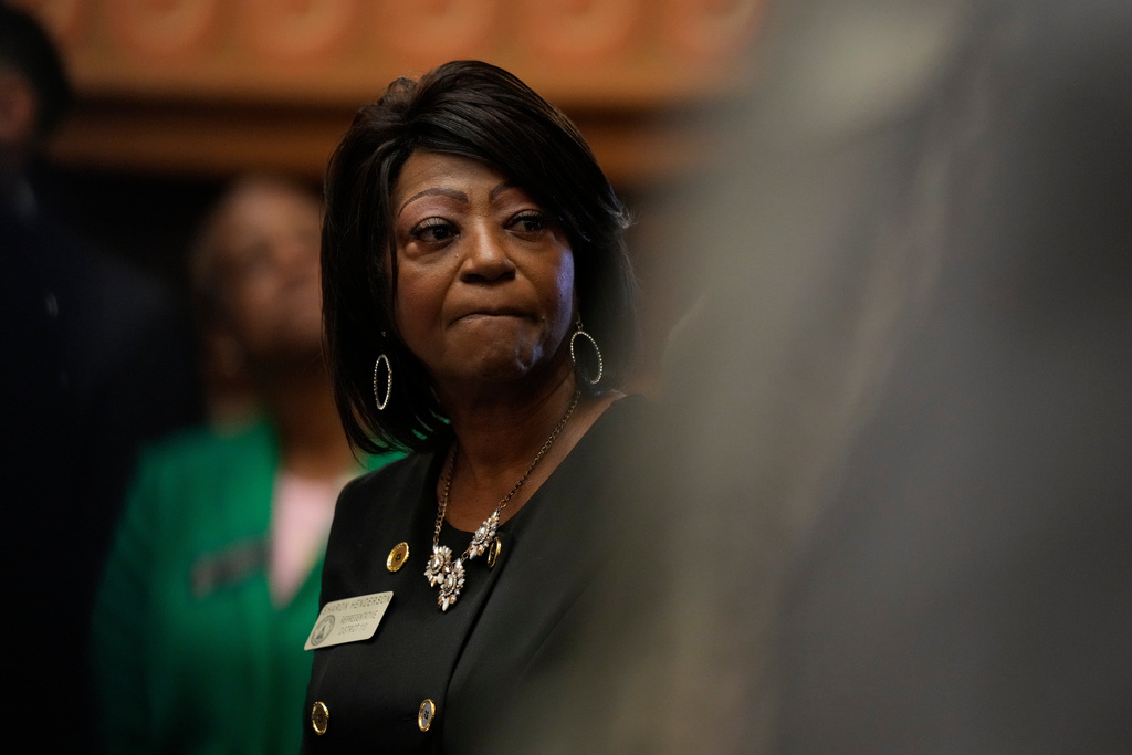 FILE - Rep. Sharon Henderson, D-Covington, listens to Gov. Brian Kemp speak during the State of the State speech, Thursday, Jan. 15, 2026, in Atlanta. (AP Photo/Brynn Anderson, File)